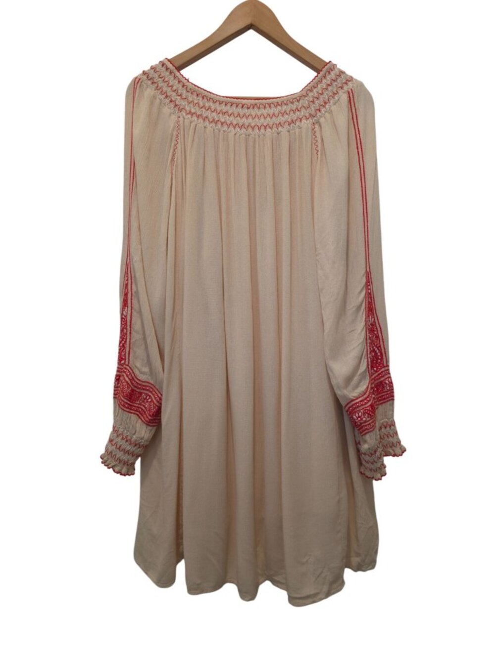 Free People Wind Willow Red Embroidered Ivory Boho Tunic Mini Dress Sz L - Picture 2 of 10